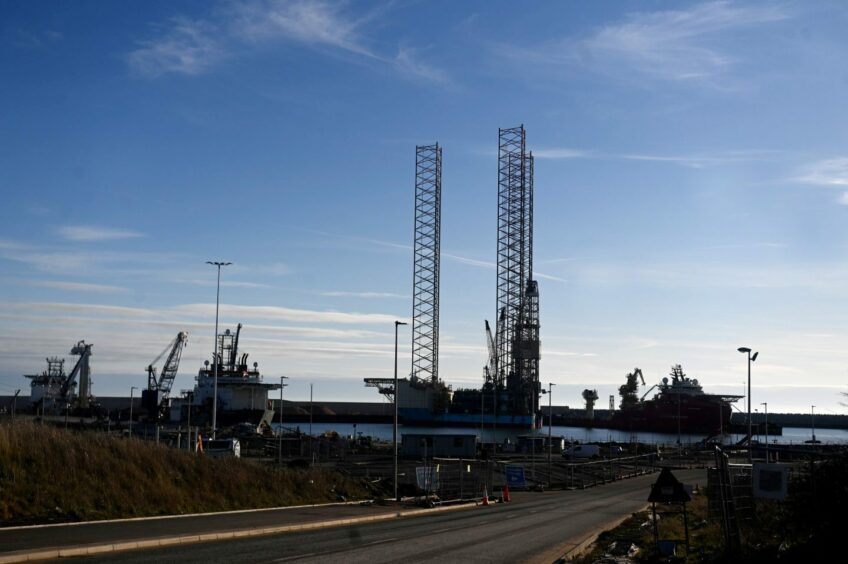 The Noble Innovator rig in the Port of Aberdeen.