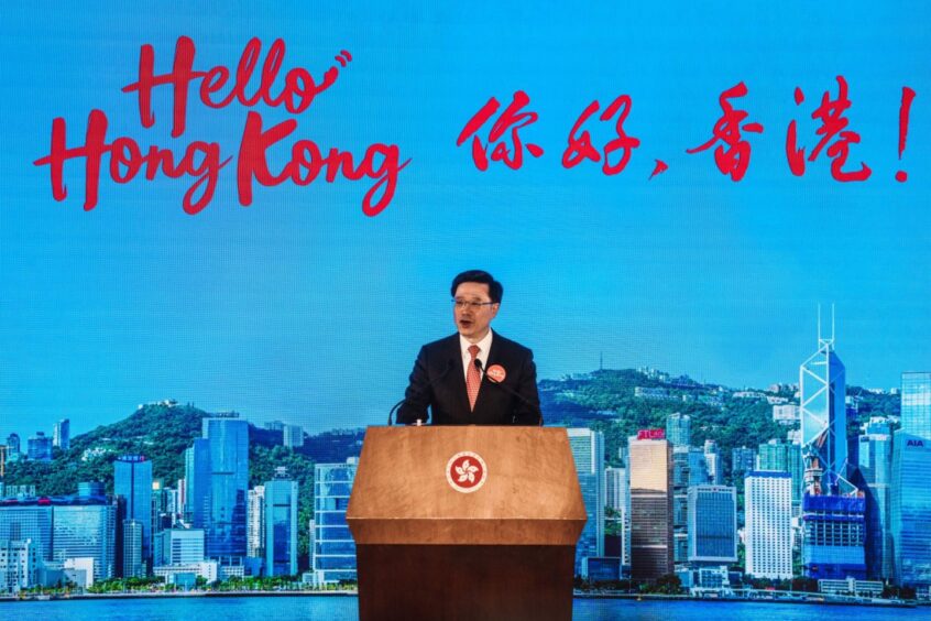 John Lee speaks during the Hello Hong Kong campaign launch ceremony in Hong Kong on Feb. 2.