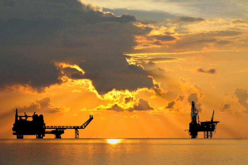 Gas platform or rig platform in sunset or sunrise time.; Shutterstock ID 150055886; purchase_order: energy voice; job: ed reed - march 23