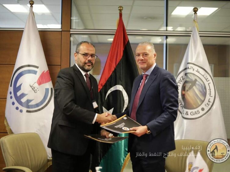 Two men shake hands in front of flags