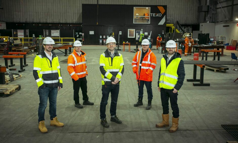 (L-R) Cameron McNatt, Managing Director Mocean Energy, Stewart Kerr, Project Manager, TEXO E&F, Jon Clarke, Head of Projects Mocean Energy, Donny Marshall, Divisional Director, TEXO E&F, Chris Zealand, Design Engineer, Mocean Energy. Dundee.