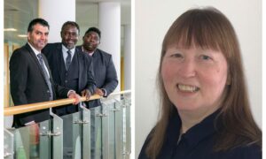 Left pic: From left to right, Dushyant Sharma, vice-president transformation at bp, Dr Ollie Folayan MBE and Dr Roy Bitrus, co-chairs of AFBE-UK Scotland. And right: Dr Carol Marsh OBE, head of digital systems at Celestia UK.. -. Supplied by AFBE-UK Date; 27/03/2023