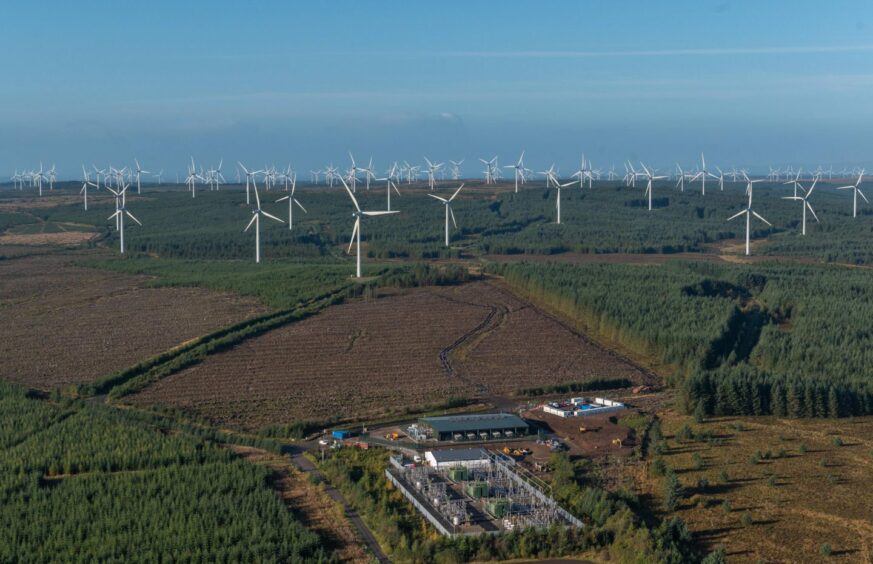 The ScottishPower Whitelee wind farm near Glasgow has a battery energy storage system to maintain electricity supply.