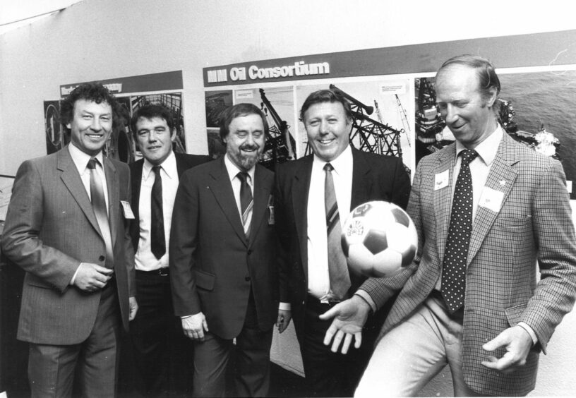 1981 Jack Charlton (RIGHT) with L - R Mike McCullagh, MD of Marske Machine Company, John Cunningham Offshore Hammers Operations Manager, Roy Tate MD of Offshore Hammers and Mac Murray Chairman and MD of MM Oil
