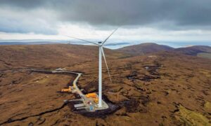 Picture of the first turbine installed at the Viking wind farm in Shetland