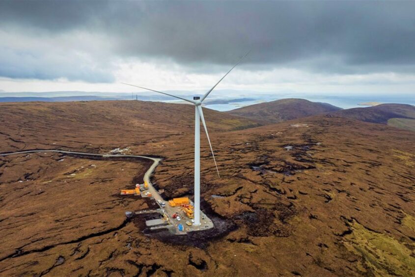 Picture of the first turbine installed at the Viking wind farm in Shetland