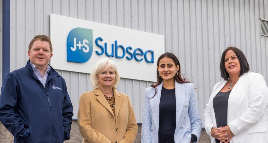 Pictured from left are Phil Reid (J&S Subsea Managing Director), Fiona E. McDonald (Scottish Enterprise Account Manager), Kairvee Tyagi (J&S Subsea Environmental and Sustainability Advisor) and Lucinda Craig (J&S Subsea Business Development Director).