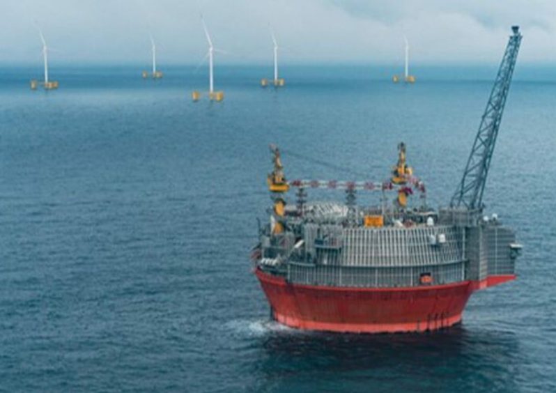 Illustration of floating wind turbines linked to the Goliat FPSO and a power-from-shore cable in Norway, as part of the GoliatVind project.