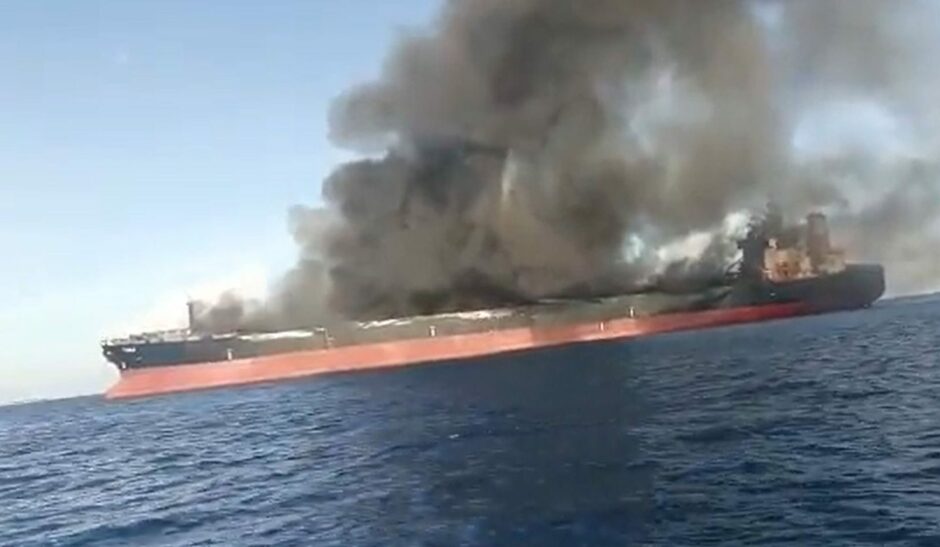 Aframax tanker Pablo on fire off Malaysia.