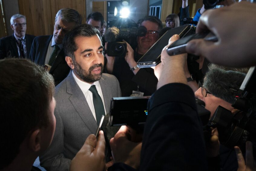 First Minister Humza Yousaf speaks to the media after First Minister's Questions (FMQs) in the Scottish Parliament in Edinburgh. Picture date: Thursday April 20, 2023.