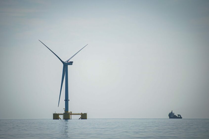 A floating offshore wind turbine similar to the ones that will be used in the Scaraben and Sinclair projects.