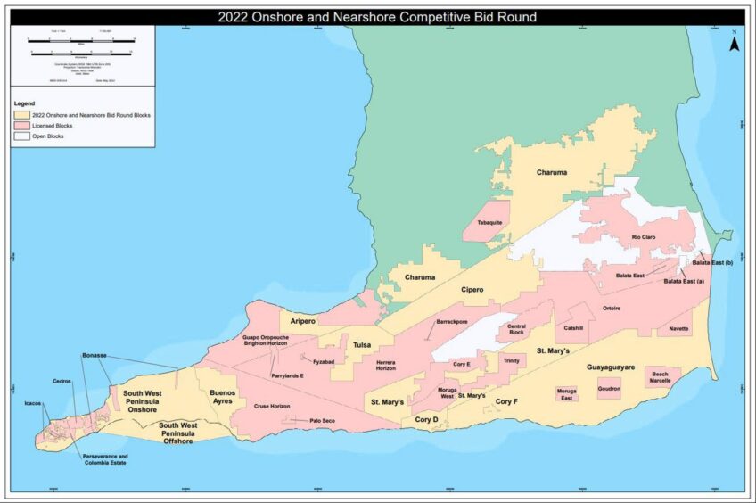 Map showing Trinidad's 2022 bid round, with Touchstone and Trinity among winners