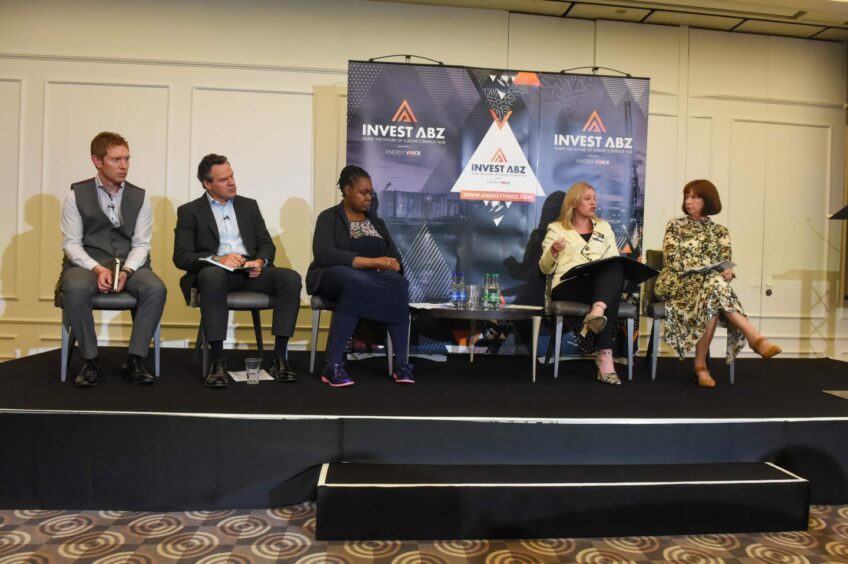 Invest ABZ panel, L to R: Dr Alexander Quayle INTOG project director at Flotation Energy, Bob Ruddiman head of energy and partner of Burness Paull, Gillian Martin minister for energy, Myrtle Dawes chief executive of Net Zero Technology Centre, , and Maggie McGinlay, chief executive of ETZ