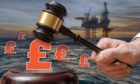 An auctioneer's gavel over a North Sea rig with pound signs floating around it.