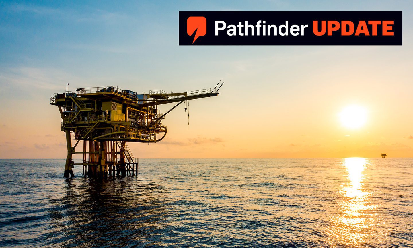Oil platform with sunrise and Energy Voice pathfinder logo