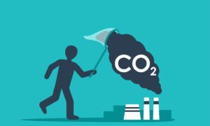 Carbon Capture Technology - net CO2 footprint development strategy. Vector illustration with metaphor - catching butterflies
