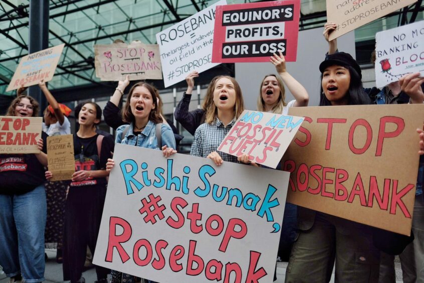 Greta Thunberg with protestors in London during a demonstration against Rosebank