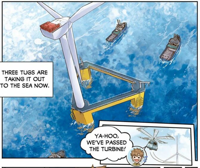 Artwork from manga series 'Harvest Wind': Offshore Engineering showing floating wind turbine being towed. 