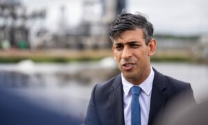 Prime Minister Rishi Sunak speaking to the media during his visit to Shell St Fergus Gas Plant in Peterhead, Aberdeenshire,