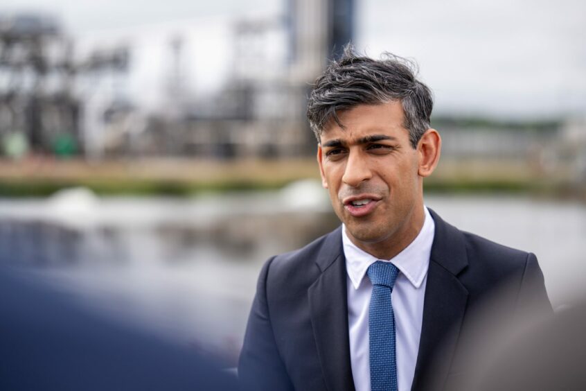Prime Minister Rishi Sunak speaking to the media during his visit to Shell St Fergus Gas Plant in Peterhead, Aberdeenshire,