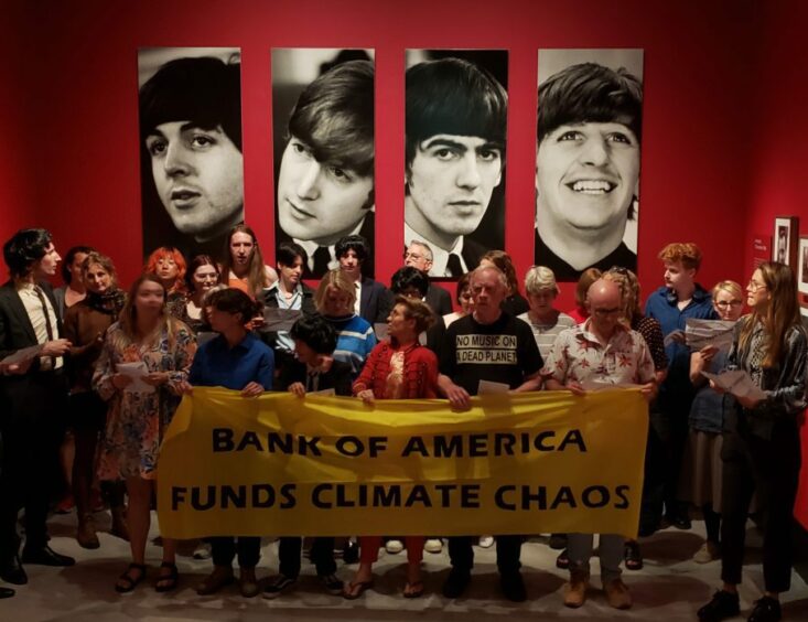 campaign group Fossil Free London staged the protest at the National Portrait Gallery’s ‘Paul McCartney: Eyes of the Storm’ exhibition, over the role of sponsor Bank of America