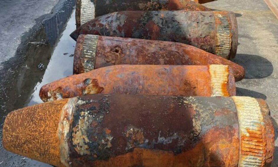 Just a few of the more than 70 wartime explosive devices found at the Moray West offshore wind farm site this year. Image: Eodex