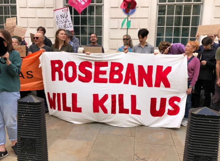 Protests by Fossil Free London against the Rosebank field approval.