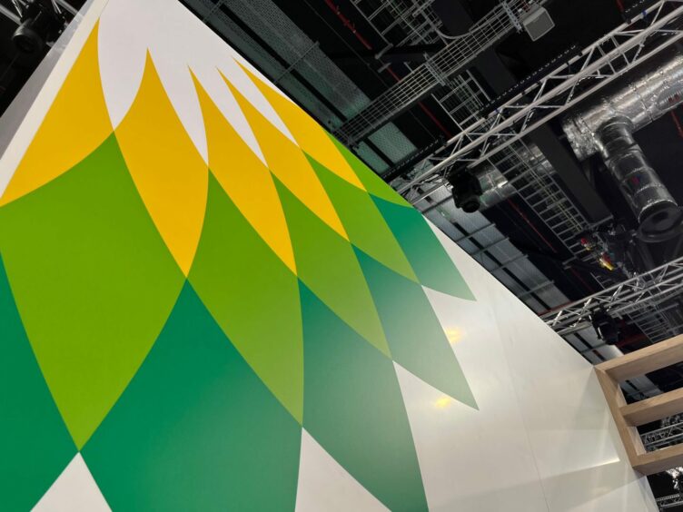 BP logo on a banner at Offshore Europe 2023. P&J Live.