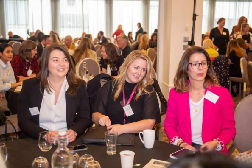 Leyton senior technical consultant Jessica McGlynn, Wood executive partner to CEO Sarah Clark and EY change management consultant Aine Mishra during the Women In New Energy conference in Aberdeen. The Chester Hotel, Aberdeen. Supplied by Kami Thomson/DC Thomson Date; 26/09/2023