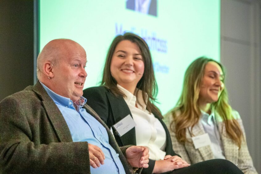 3t corporate development director Martin Hottass, Leyton senior technical consultant Jessica McGlynn and X-Academy vice president sustainability and climate action Christina Horspool on stage at the W.I.N.E conference in Aberdeen.