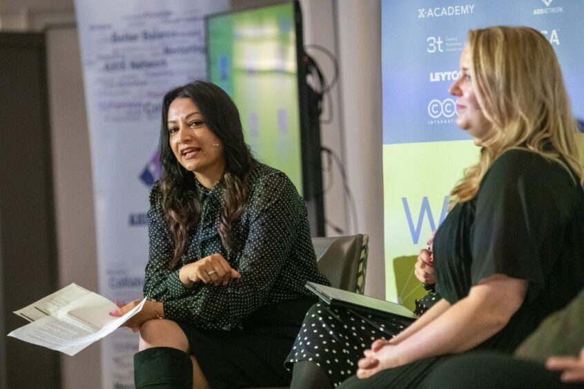 Local Leaders - Beena Sharma, CEO and Co-Founder, CCU International (moderator) and Sarah Clark, Executive Business Partner to CEO, Wood. Picture by Kami Thomson/DC Thomson Date; 26/09/2023