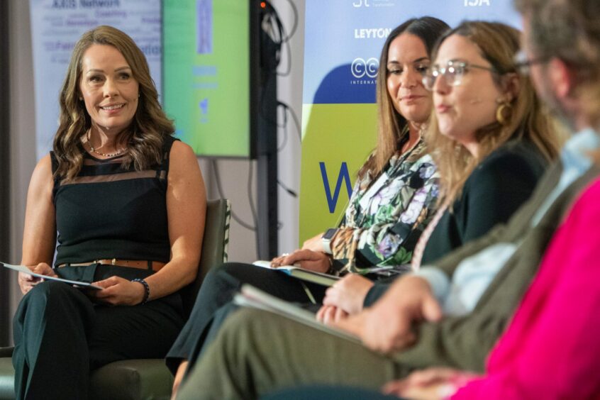 International Influencers panel moderated by Load Monitoring Systems finance and HR director Fiona Booth with Aker Solutions head of people and organisation UK Paula Smith and Total Energies Central North Sea asset director Marielle Inizan. Aberdeen. Picture by Kami Thomson/DC Thomson Date; 26/09/2023