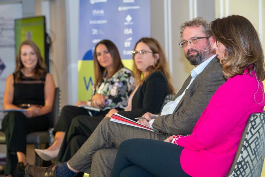 Panellists on stage during the Women In New Energy conference in Aberdeen. The Chester Hotel, Aberdeen. Supplied by Kami Thomson/DC Thomson Date; 26/09/2023