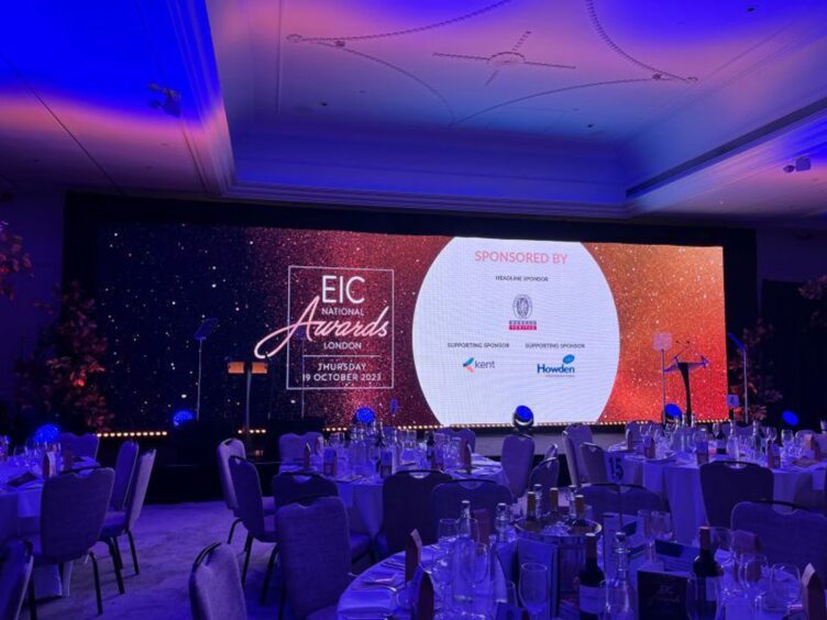 The stage at the EIC National Awards 2023. Marriott Hotel Grosvenor Square, London.