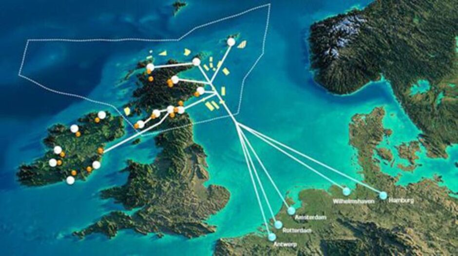 A visualisation of a proposed £2.7 billion pipeline network connecting hydrogen hubs in Scotland to Germany.