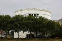 The BASF SE logo sits on a storage silo at the company's chemical plant on the River Rhine in Ludwigshafen, Germany,