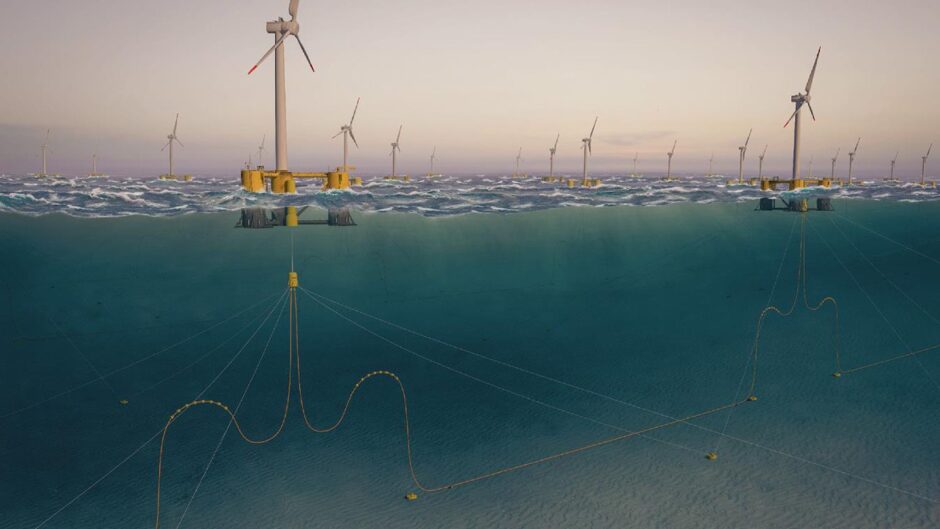 Artist's impressions of Encomara's 'squid' technology for floating wind farms.