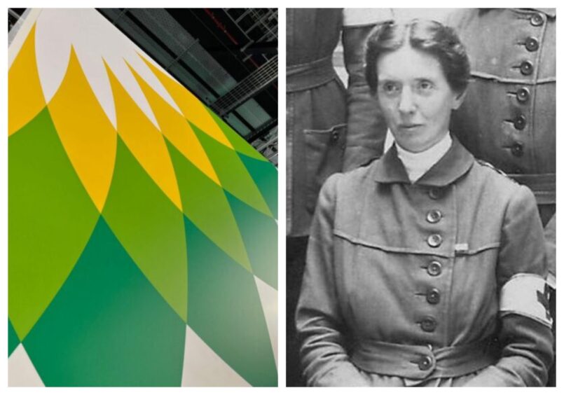 Dr Flora Murray, pictured in 1914, alongside BP's 2023 Offshore Europe stand.