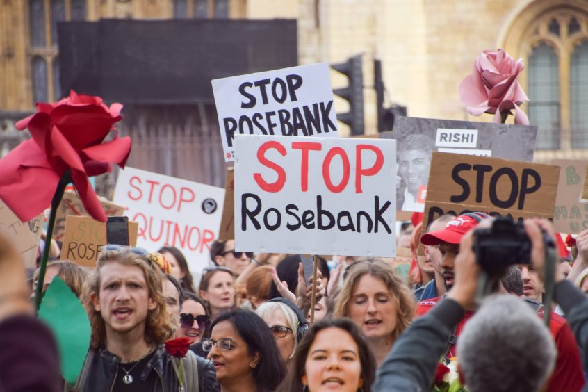 Protestors against the Rosebank oilfield in London.