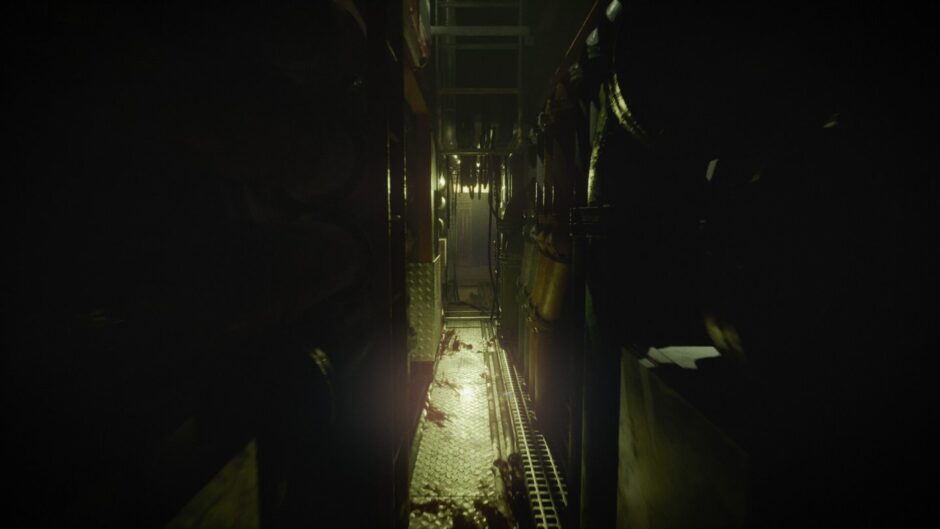 Gameplay images from Still Wakes the Deep, set on a North Sea oil rig.