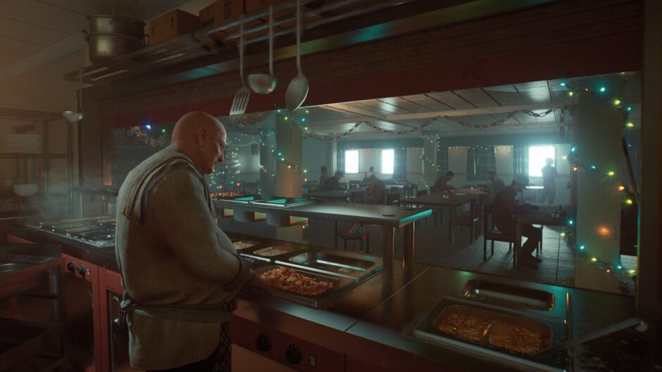 Gameplay images from Still Wakes the Deep, set on a North Sea oil rig.