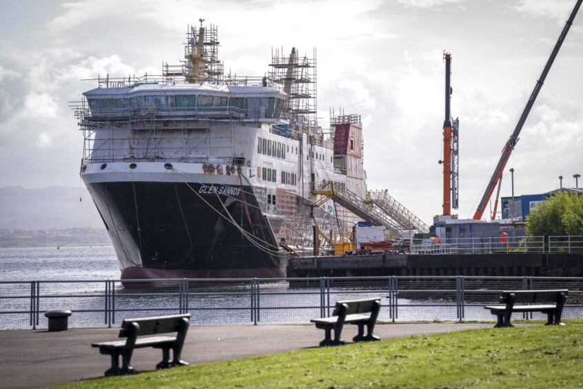 The unfinished Glen Sannox Caledonian Macbrayne ferry in the Ferguson Marine shipyard in Port Glasgow, Inverclyde.