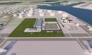 Visualisation of the 'Eneco Electrolyzer' green hydrogen production plant in Rotterdam's Europoort industrial area.