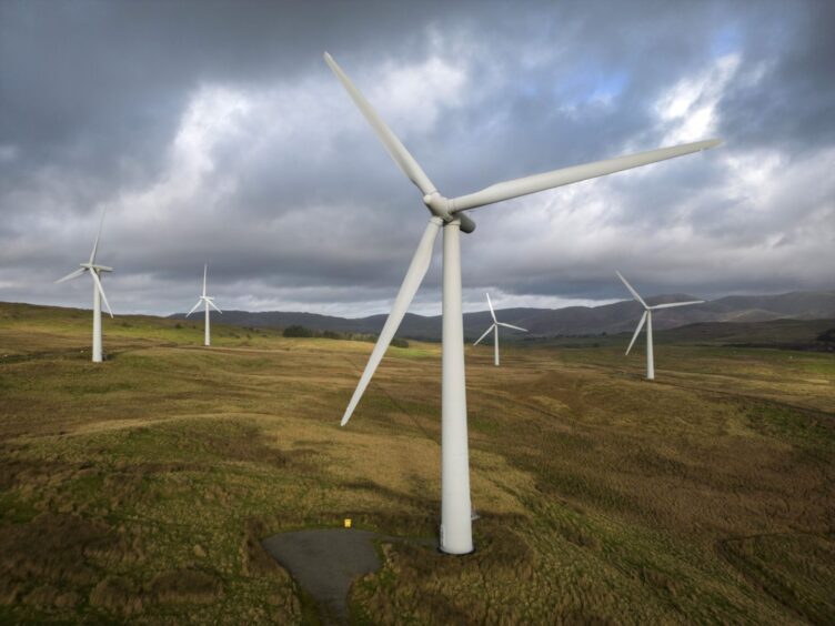 Onshore wind turbines in the southern Lake District in England.