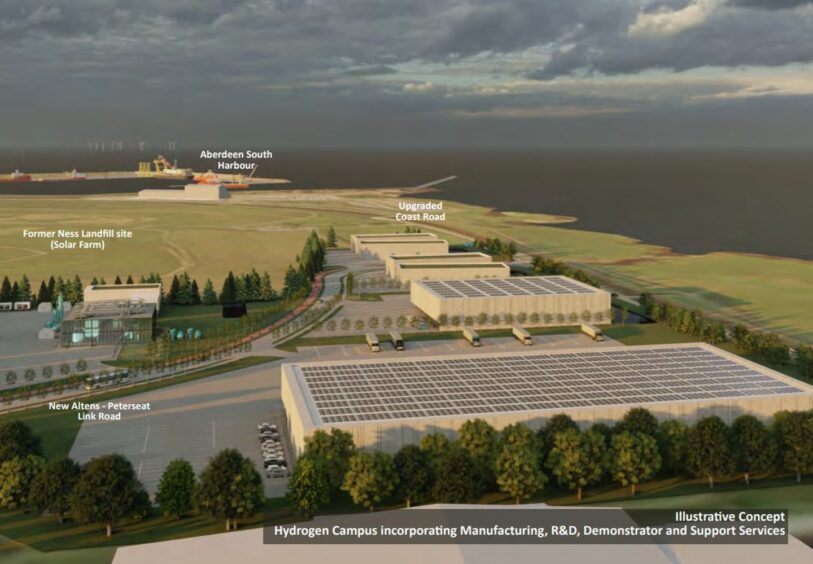 Artist impression of the proposed hydrogen campus. Aberdeen. Supplied by Ironside Farrar