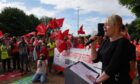 File photo of Unite general secretary Sharon Graham speaking to members on a picket line at one of the entrances to the Port of Felixstowe in Suffolk,