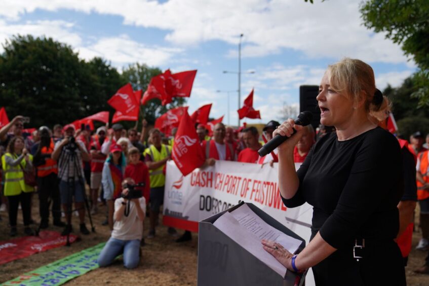 File photo of Unite general secretary Sharon Graham speaking to members on a picket line at one of the entrances to the Port of Felixstowe in Suffolk,