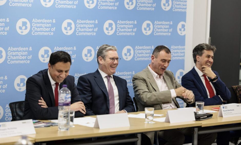 From left to right, Scottish Labour leader Anas Sarwar, Labour leader Keir Starmer, Russell Borthwick, Chief Executive of Aberdeen and Grampian Chamber of Commerce and Shadow Climate Secretary Ed Miliband in Aberdeen. 