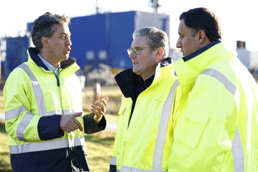 Shadow Climate Secretary Ed Miliband with Labour leader Sir Keir Starmer and Scottish Labour leader Anas Sarwar at St Fergus Gas Terminal in Aberdeenshire.