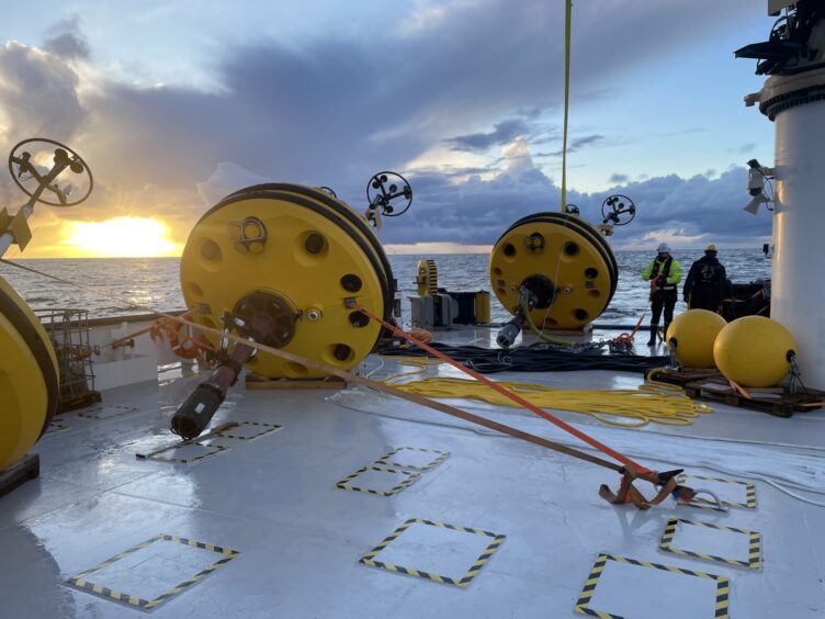 Lidar buoys being deployed at the Salamander site 20 miles off Peterhead.